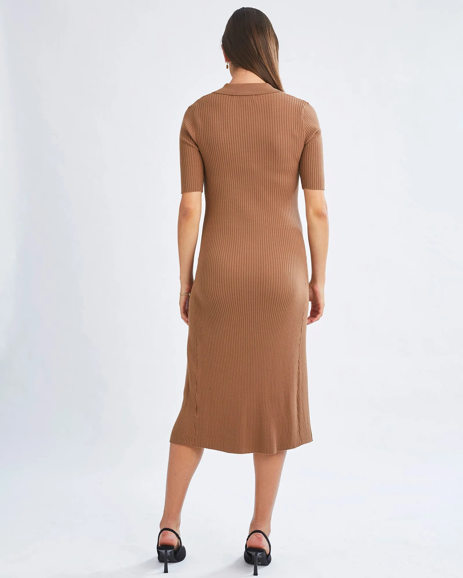 Eleanor Elegance Knit Maternity Midi Dress in Camel