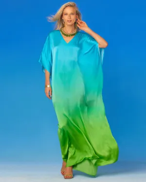 Electra Silk Kaftan in Turquoise to Lime Green Ombre