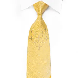 Elegance Men's Crystal Rhinestone Silk Necktie Damask On Yellow With Gold Sparkles