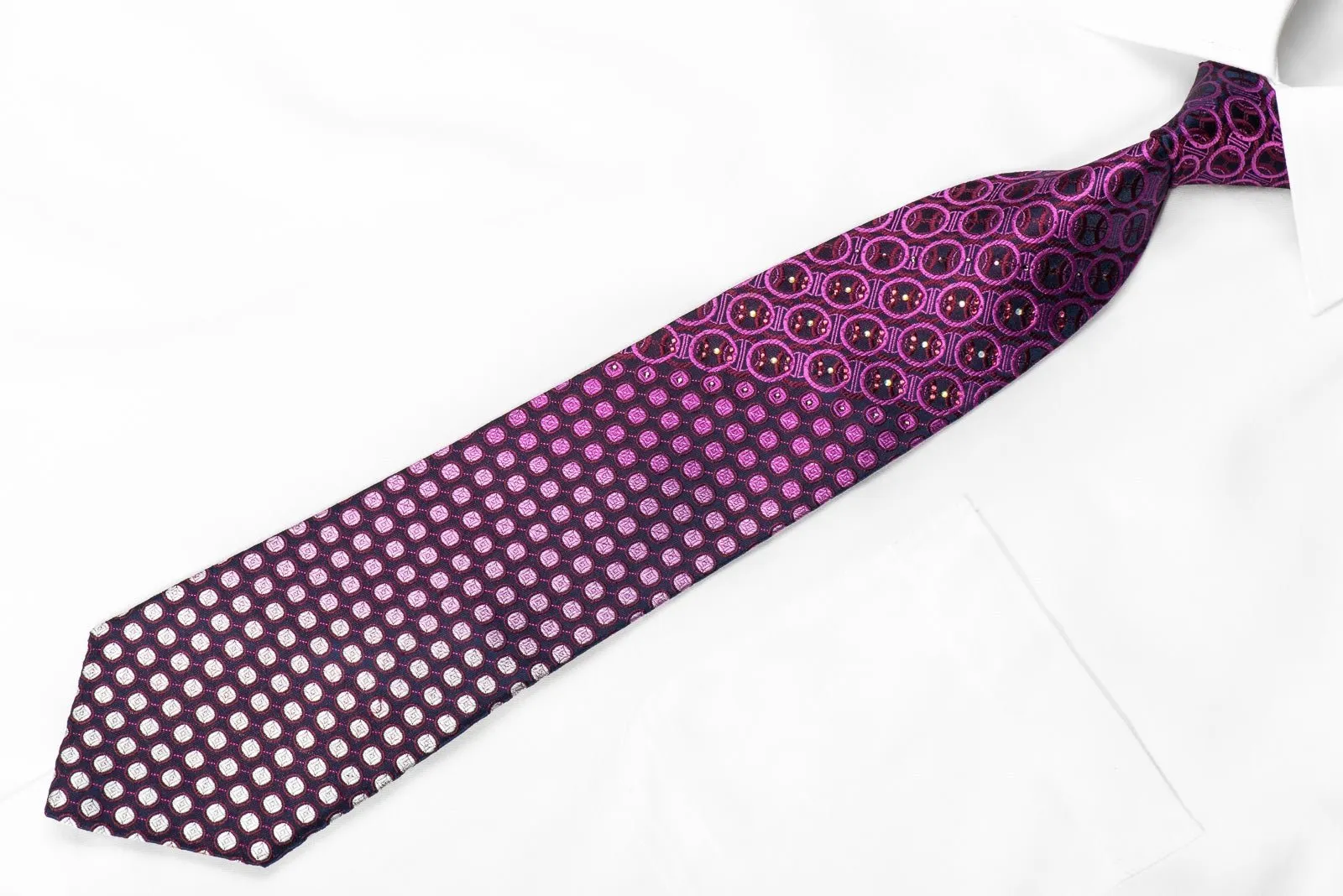 Elegance Men's Crystal Rhinestone Silk Necktie Purple Geometric On Navy With Purple Sparkles