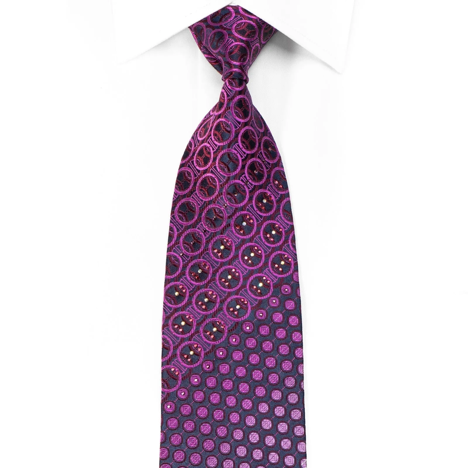 Elegance Men's Crystal Rhinestone Silk Necktie Purple Geometric On Navy With Purple Sparkles