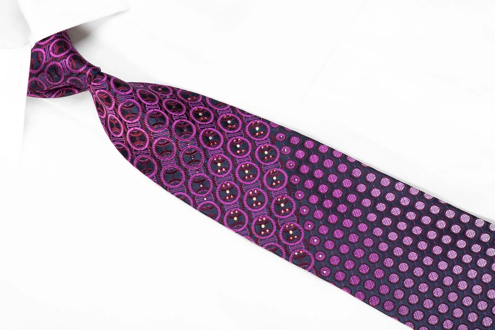 Elegance Men's Crystal Rhinestone Silk Necktie Purple Geometric On Navy With Purple Sparkles