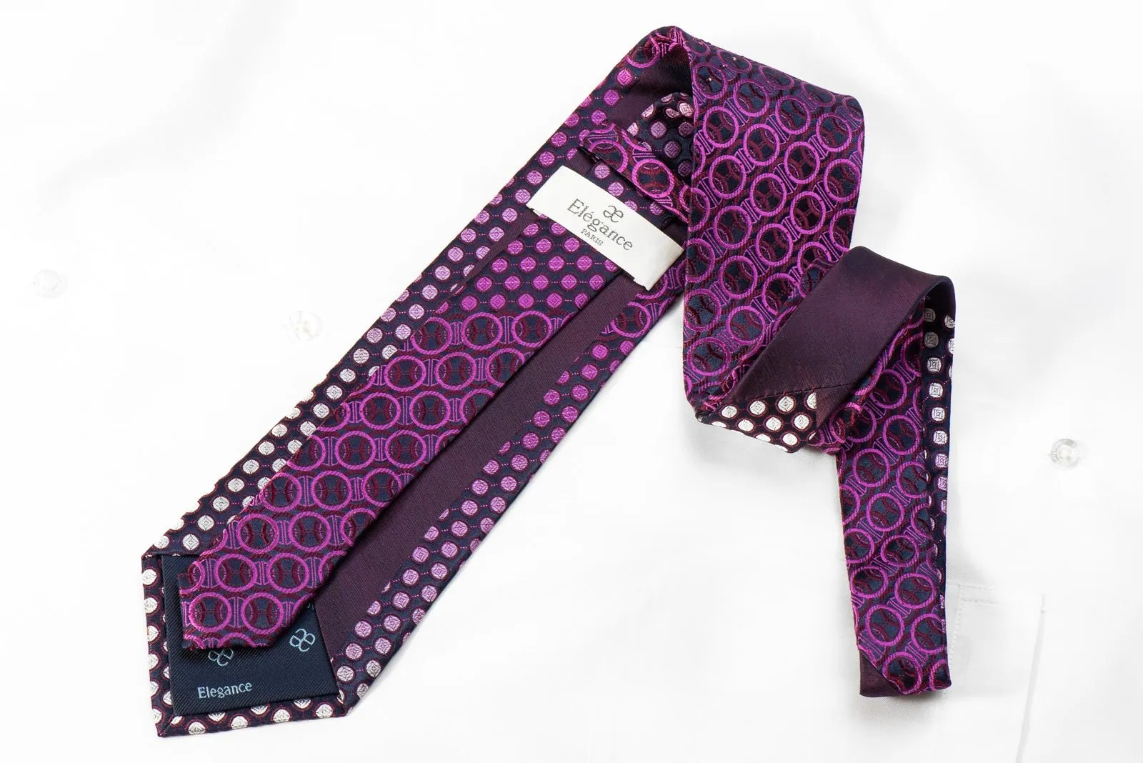 Elegance Men's Crystal Rhinestone Silk Necktie Purple Geometric On Navy With Purple Sparkles