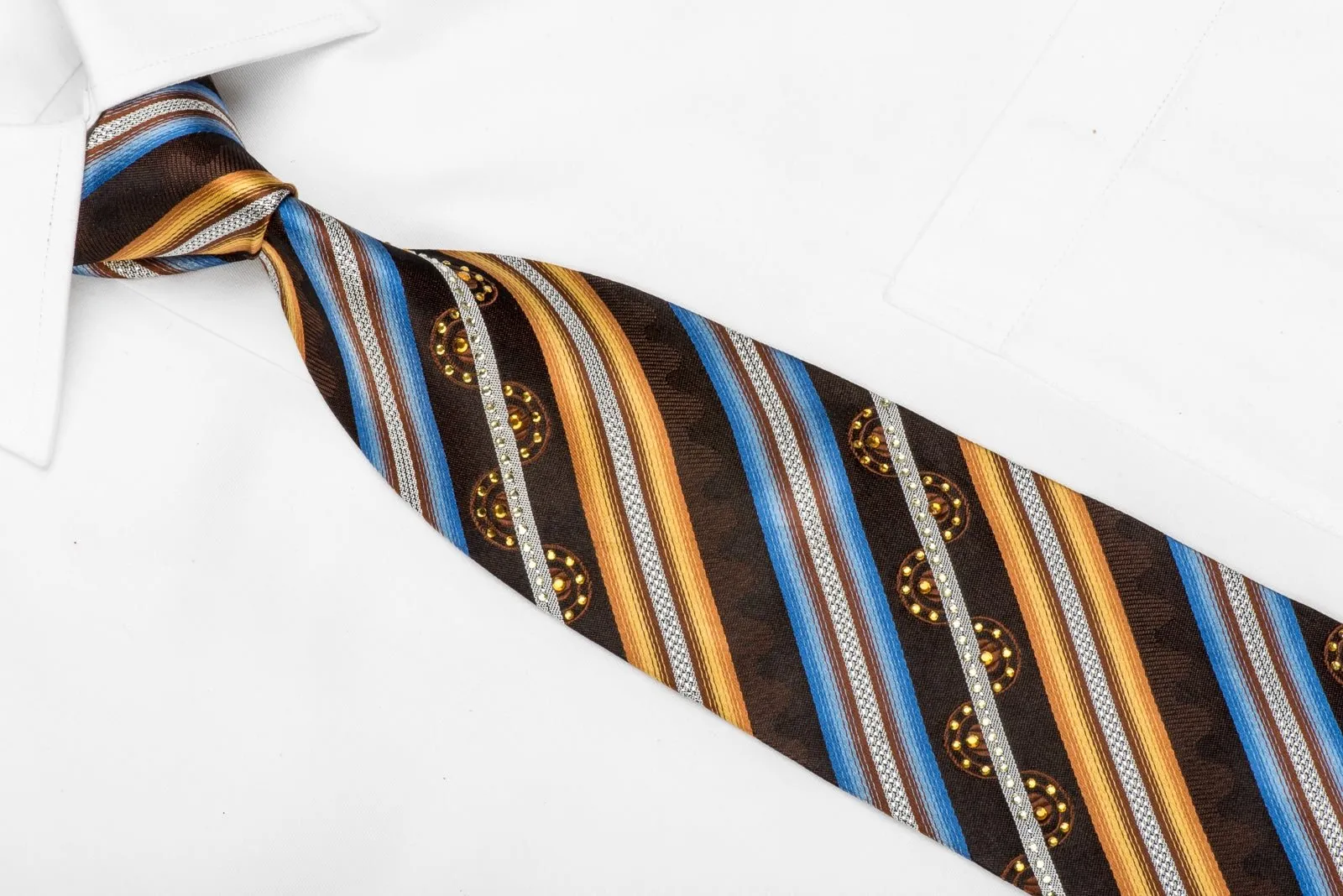 Elegance Men's Crystal Silk Necktie Orange Blue Silver Striped On Brown Sparkling With Rhinestones