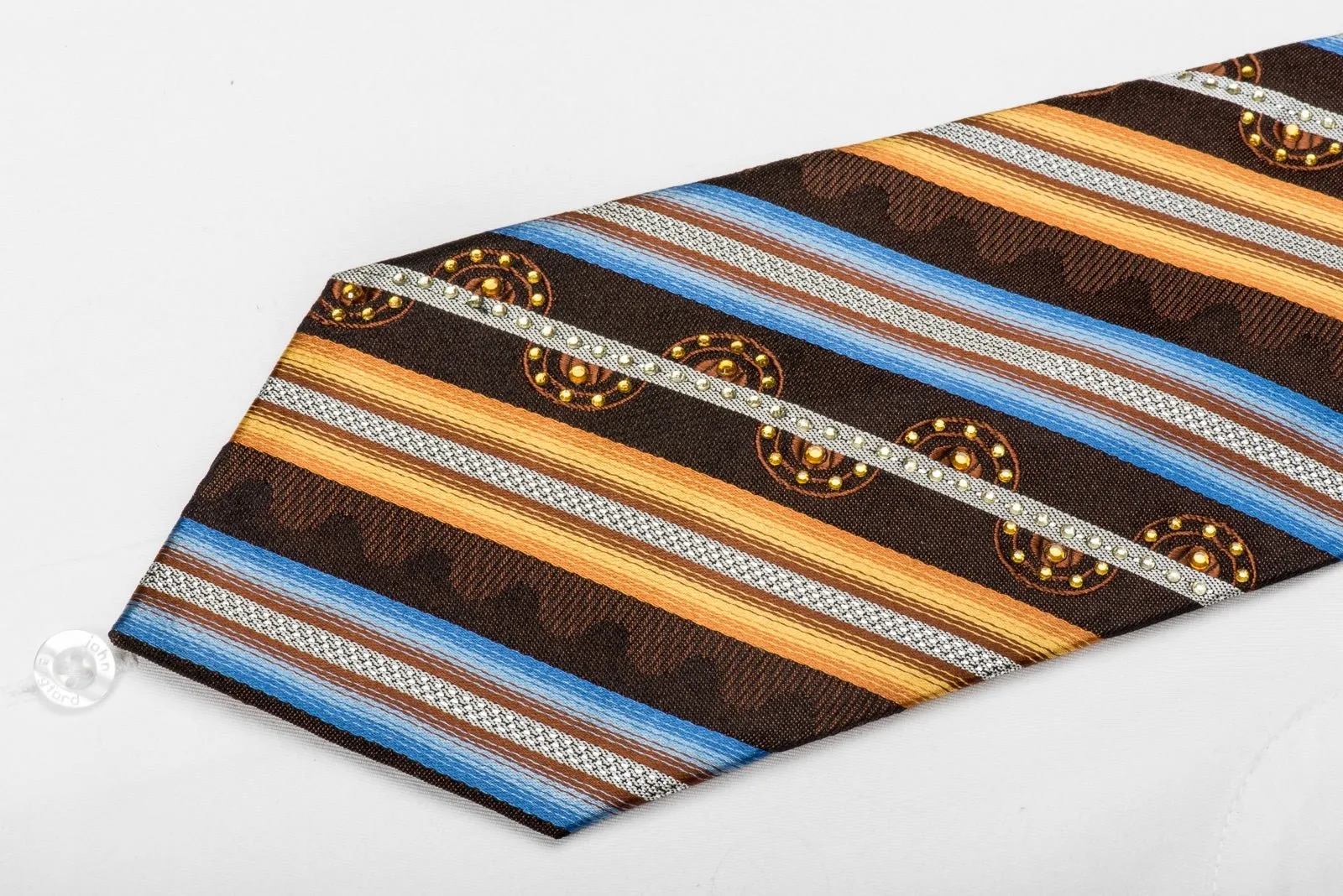 Elegance Men's Crystal Silk Necktie Orange Blue Silver Striped On Brown Sparkling With Rhinestones