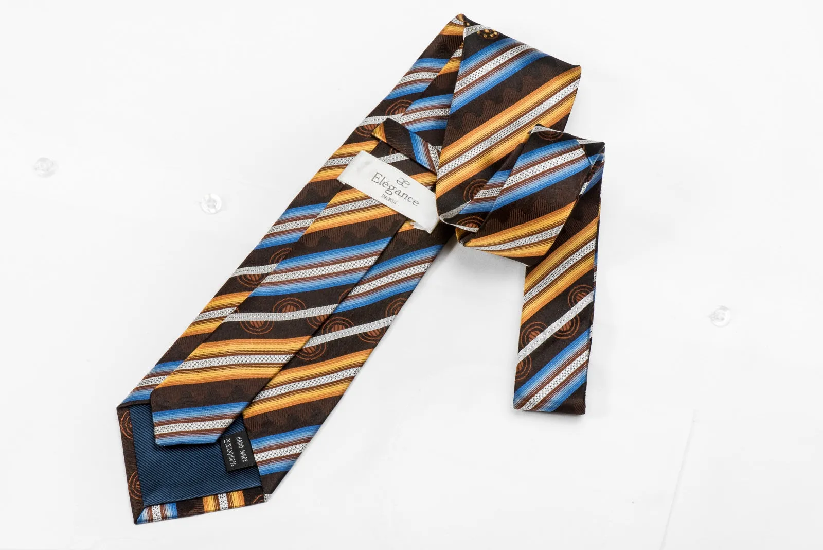 Elegance Men's Crystal Silk Necktie Orange Blue Silver Striped On Brown Sparkling With Rhinestones