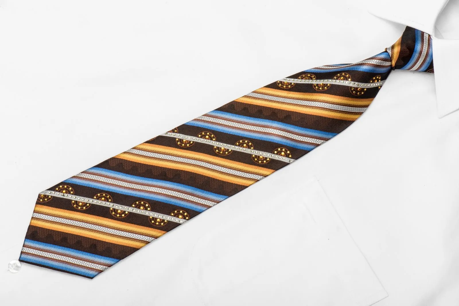 Elegance Men's Crystal Silk Necktie Orange Blue Silver Striped On Brown Sparkling With Rhinestones