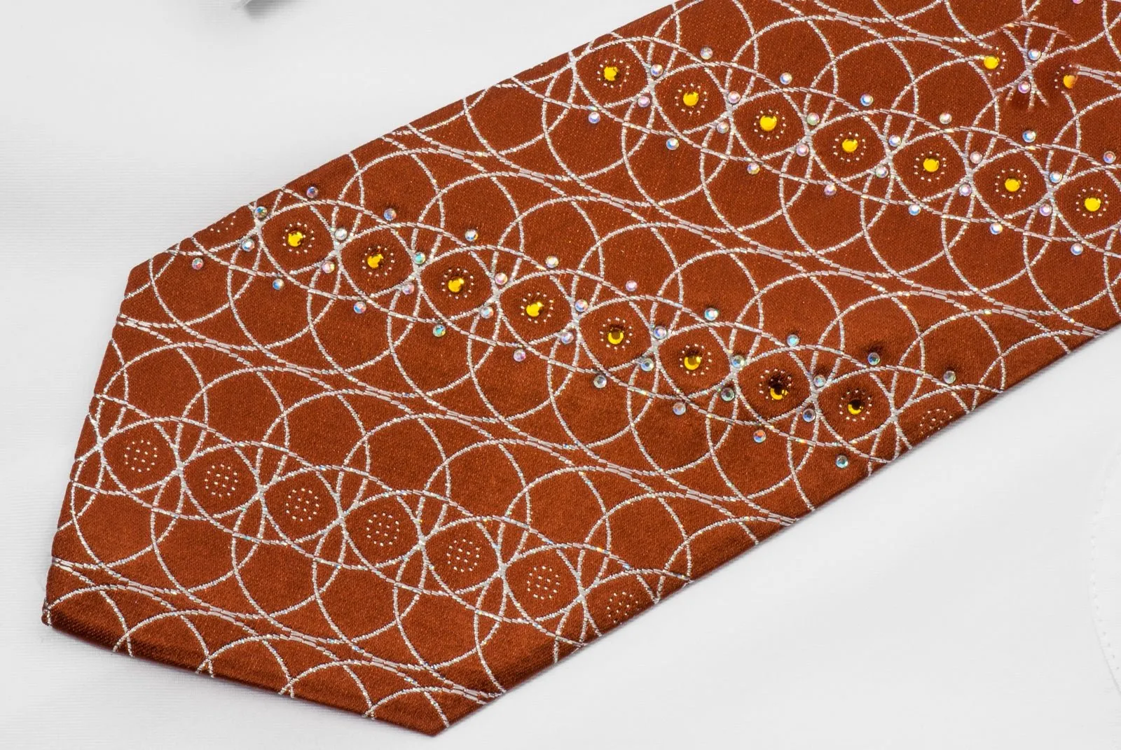 Elegance Rhinestone Necktie Silver Interlocking Circles On Brown With Silver Sparkles