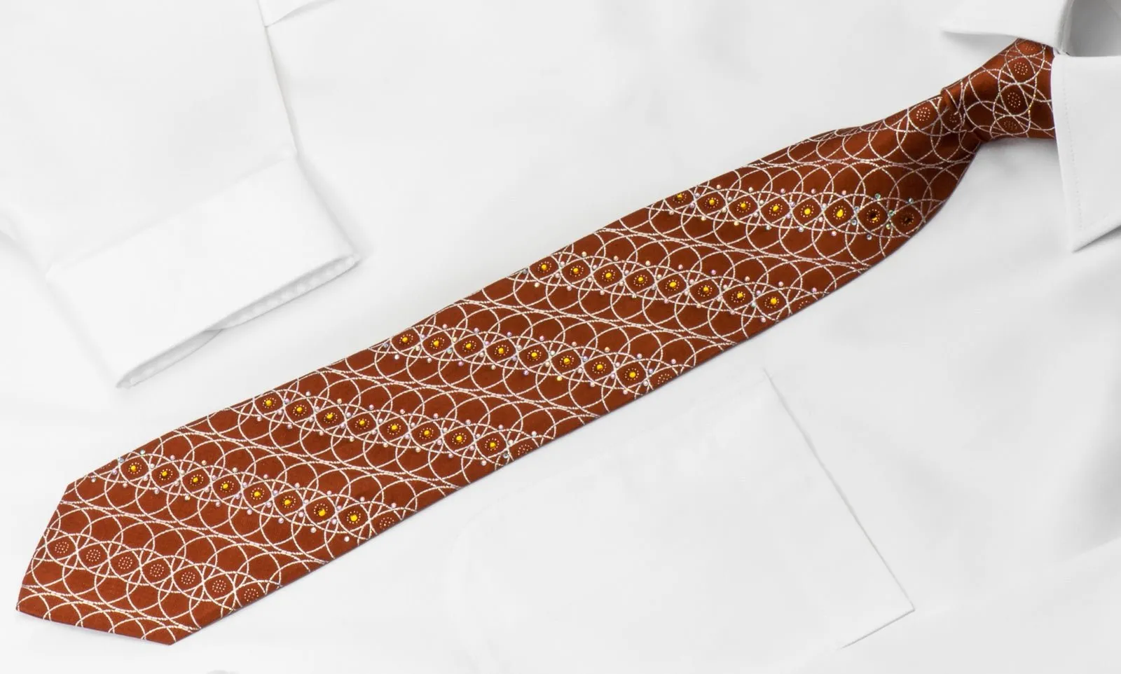 Elegance Rhinestone Necktie Silver Interlocking Circles On Brown With Silver Sparkles