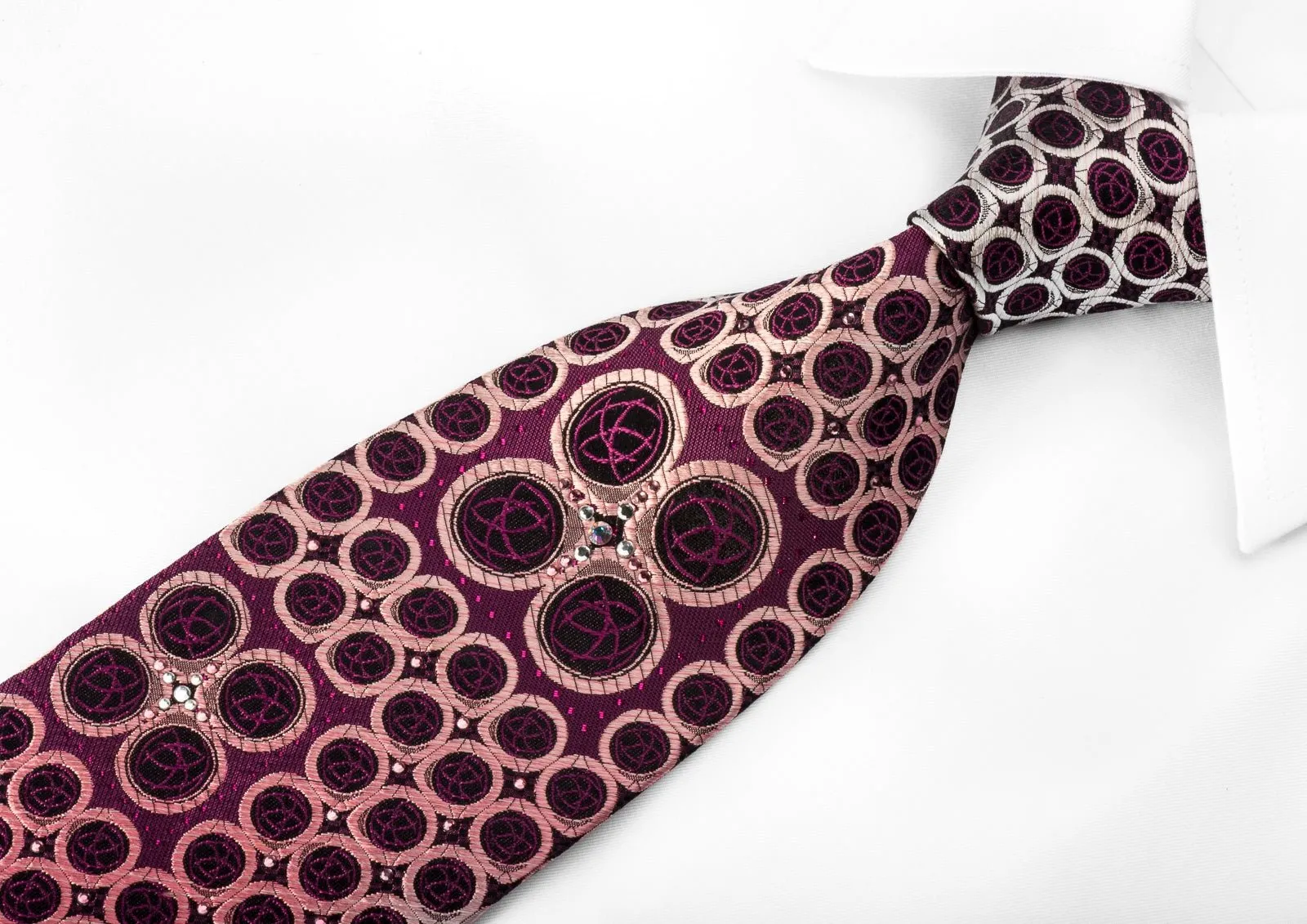 Elegance Rhinestone Silk Necktie Circles On Purple With Purple Sparkles