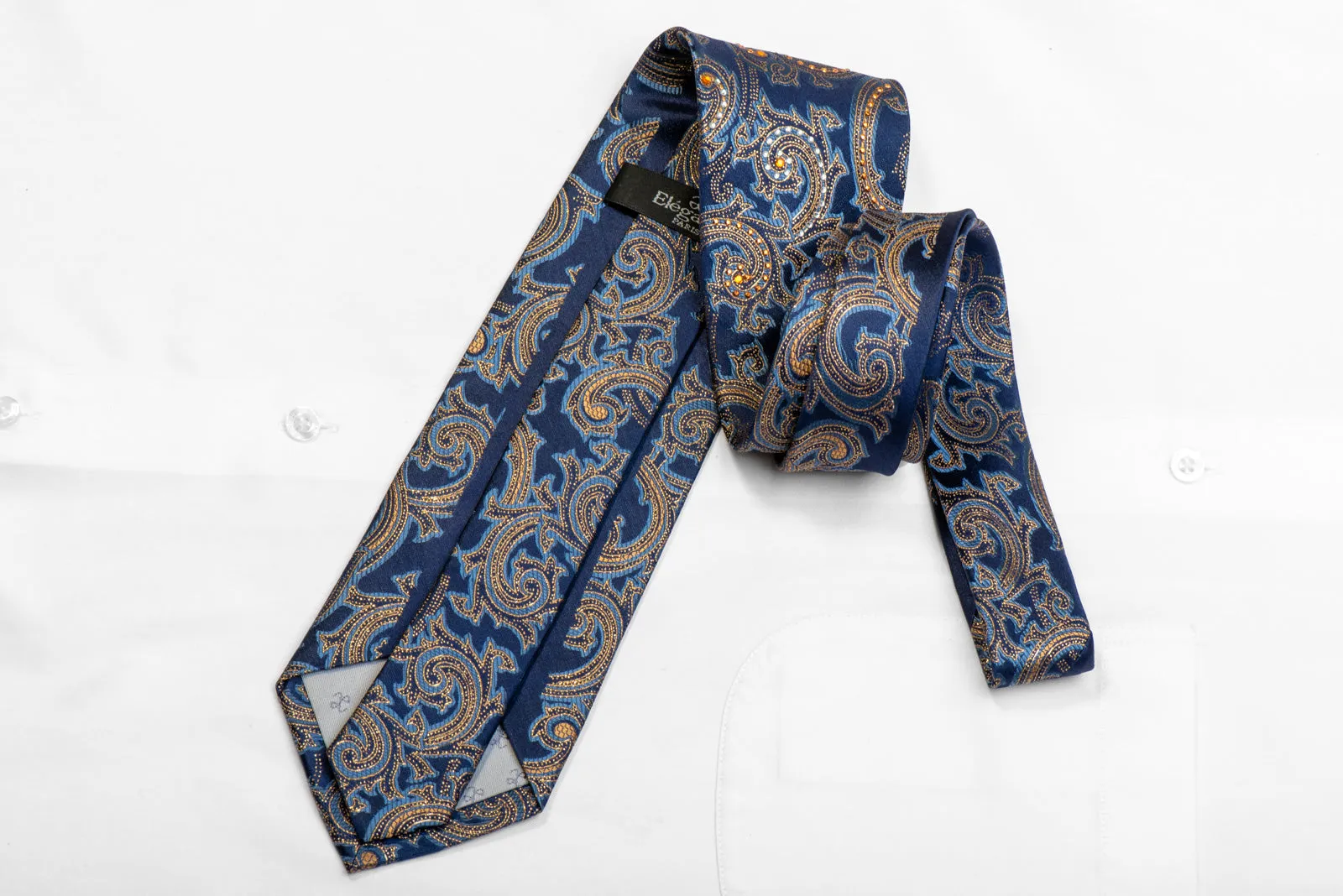 Elegance Rhinestone Silk Necktie Gold Paisley On Blue With Sparkles