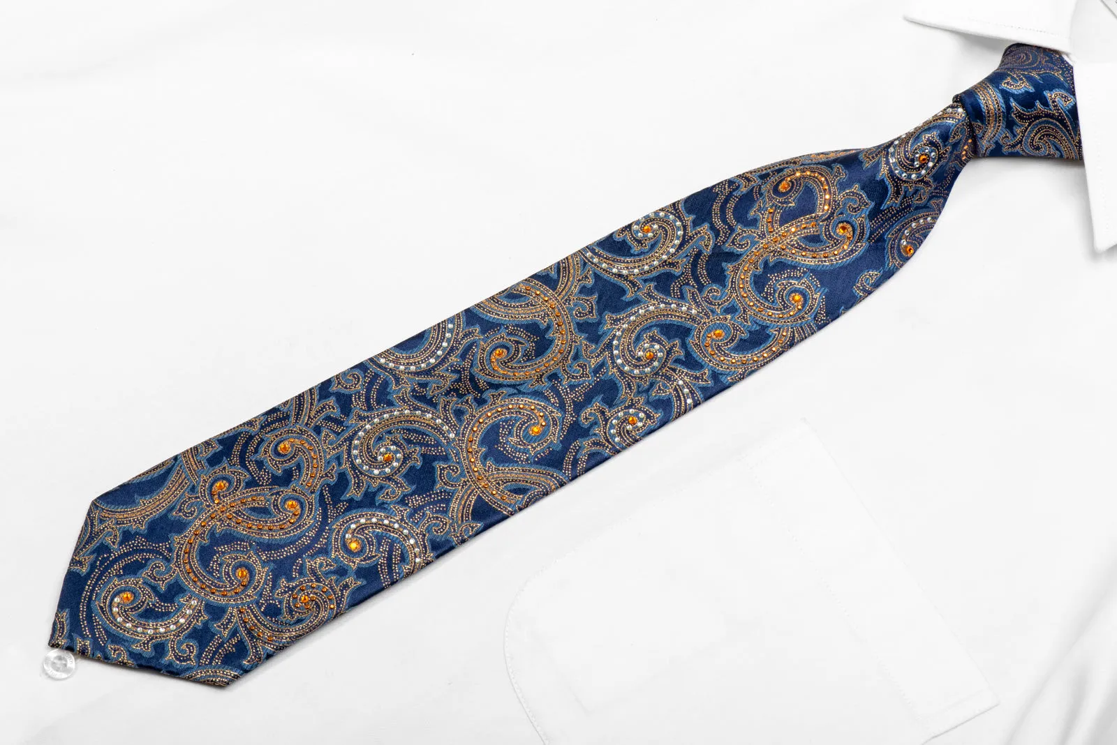 Elegance Rhinestone Silk Necktie Gold Paisley On Blue With Sparkles