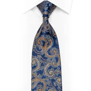 Elegance Rhinestone Silk Necktie Gold Paisley On Blue With Sparkles