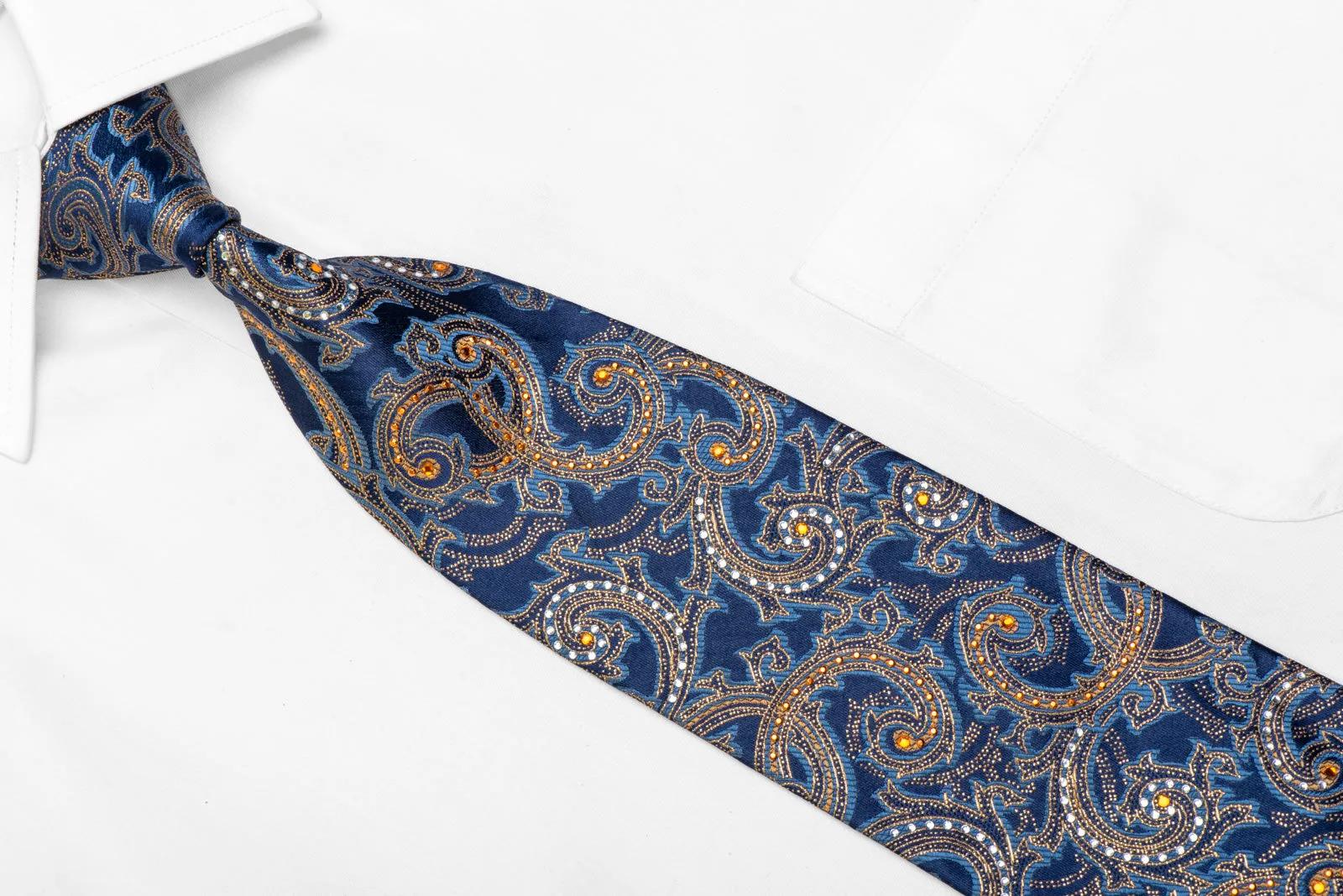 Elegance Rhinestone Silk Necktie Gold Paisley On Blue With Sparkles