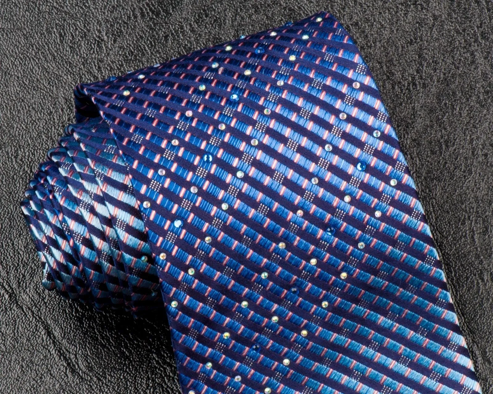 Elegance Silk Neck Tie Shades Of Blue Stripes With White & Blue Rhinestones