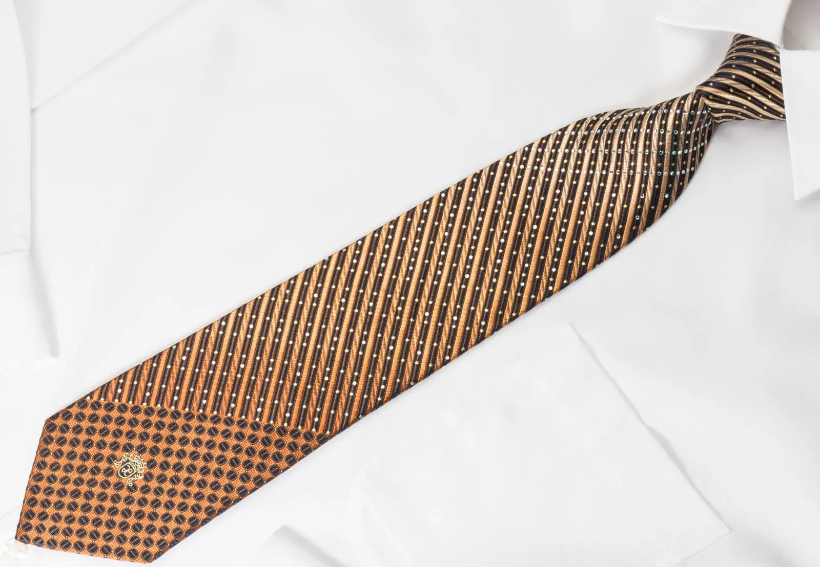 Elegance Silk Rhinestone Necktie Orange Brown Stripes With Silver Sparkles