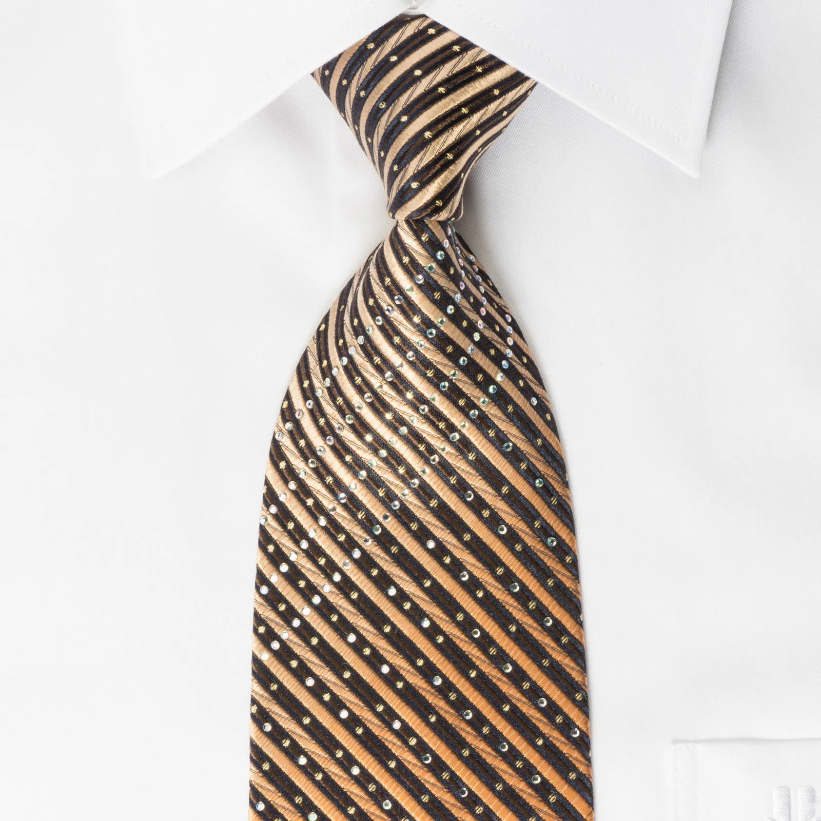 Elegance Silk Rhinestone Necktie Orange Brown Stripes With Silver Sparkles