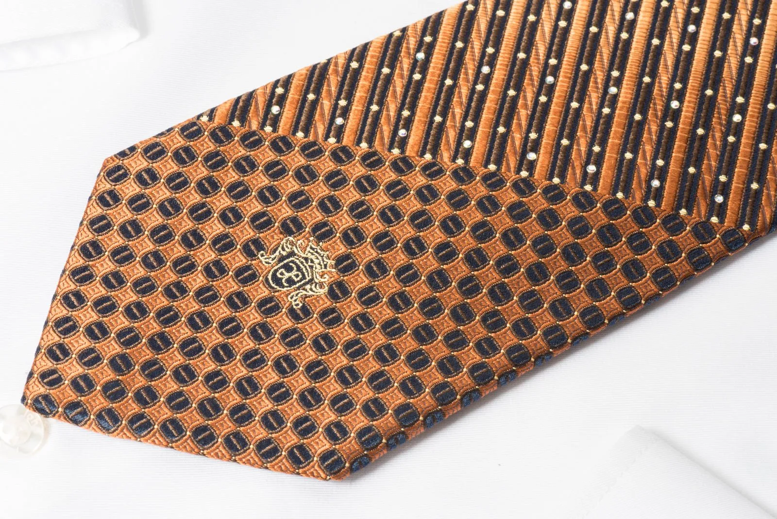 Elegance Silk Rhinestone Necktie Orange Brown Stripes With Silver Sparkles