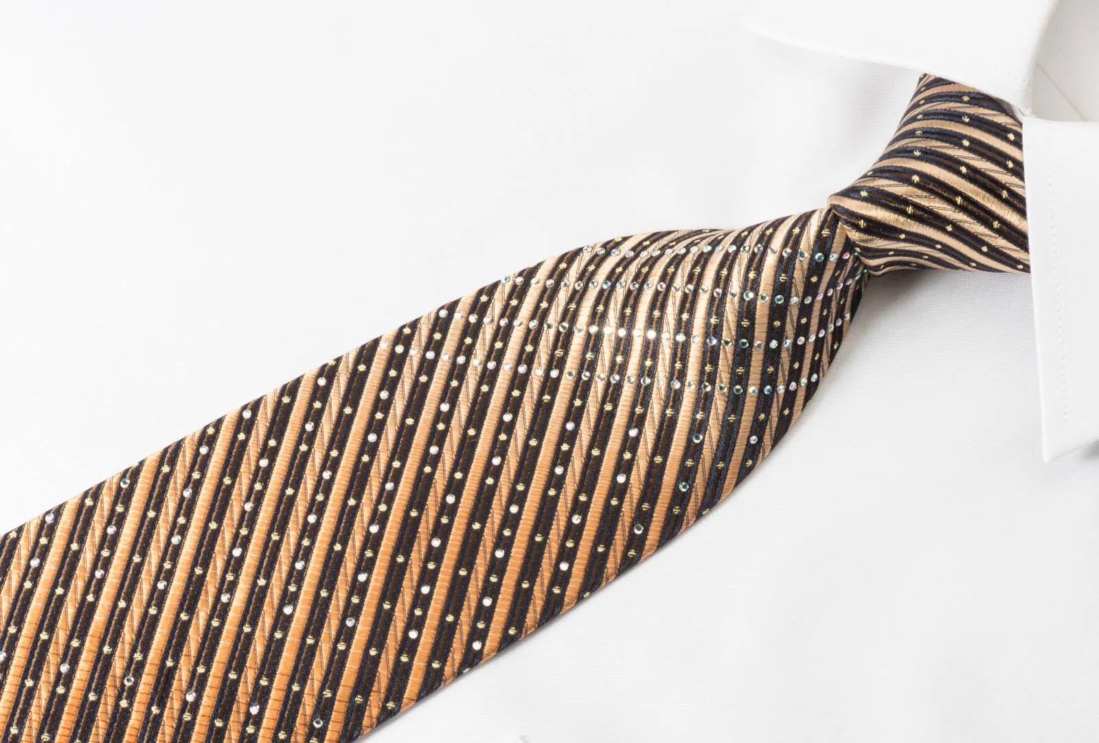 Elegance Silk Rhinestone Necktie Orange Brown Stripes With Silver Sparkles