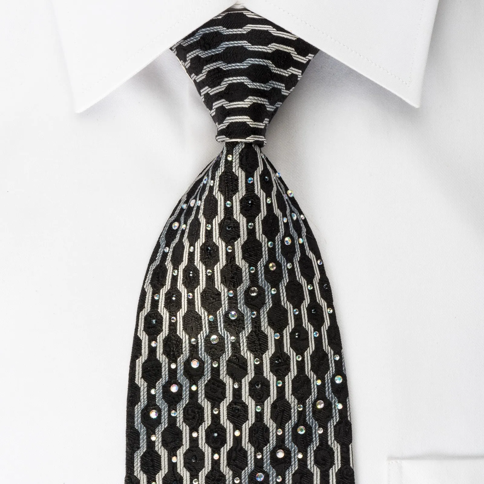 Elegance Silk Tie Silver Geometric On Black With Rhinestones