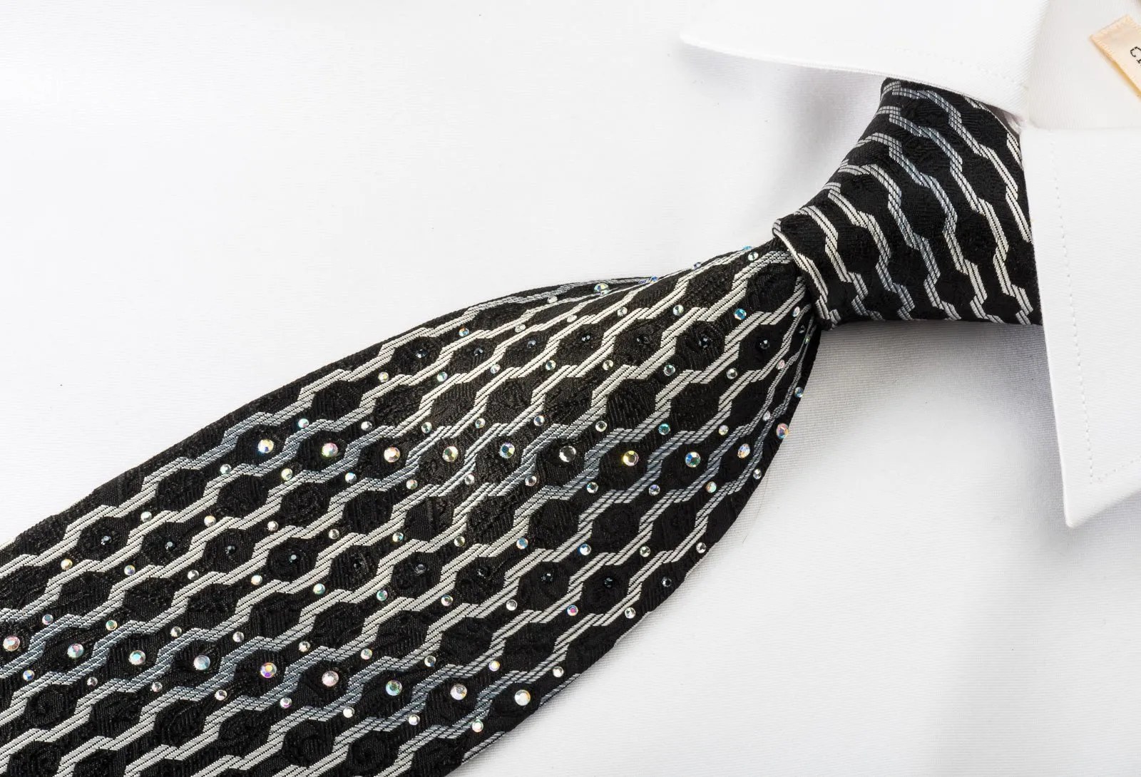 Elegance Silk Tie Silver Geometric On Black With Rhinestones