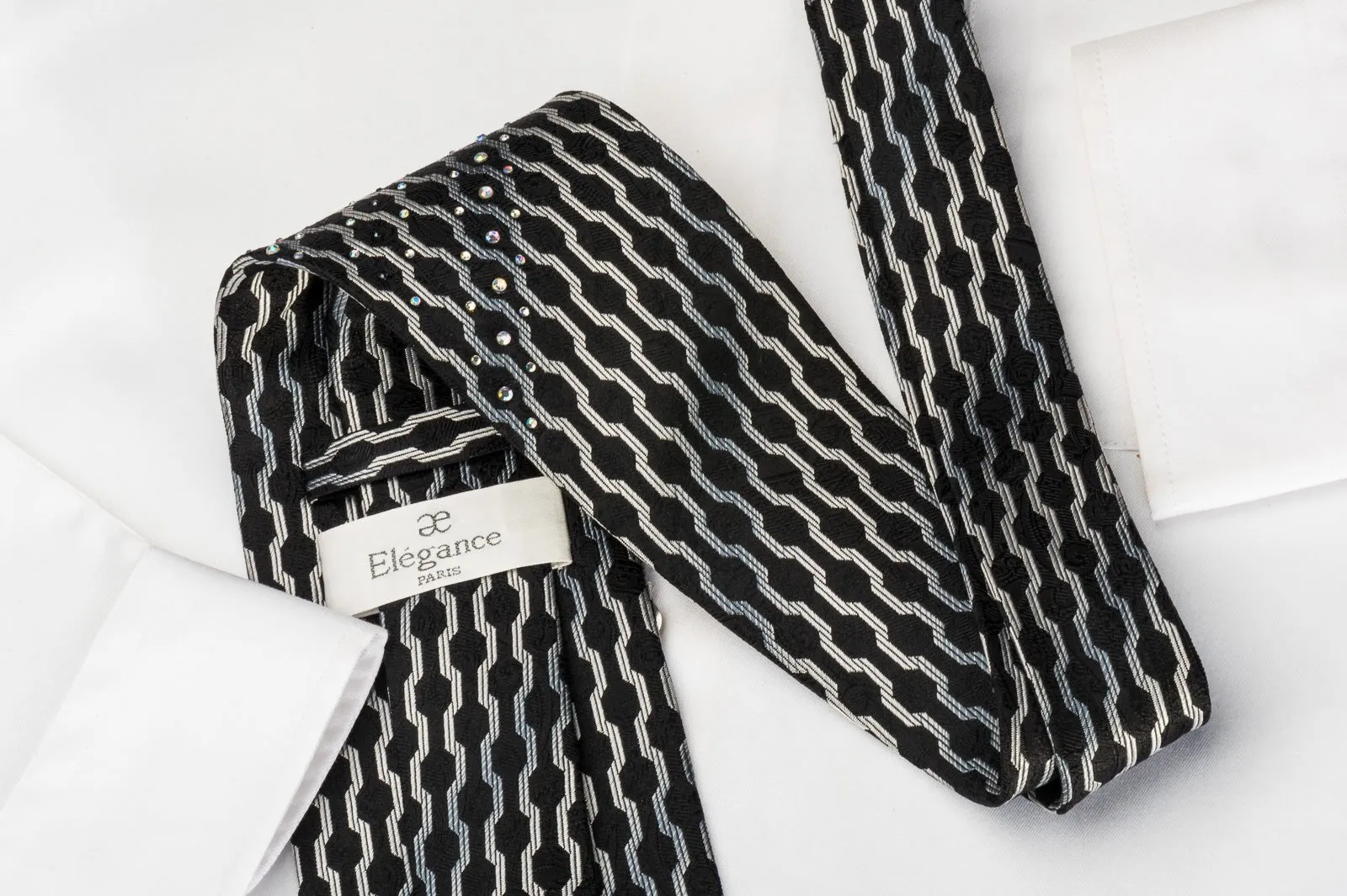 Elegance Silk Tie Silver Geometric On Black With Rhinestones