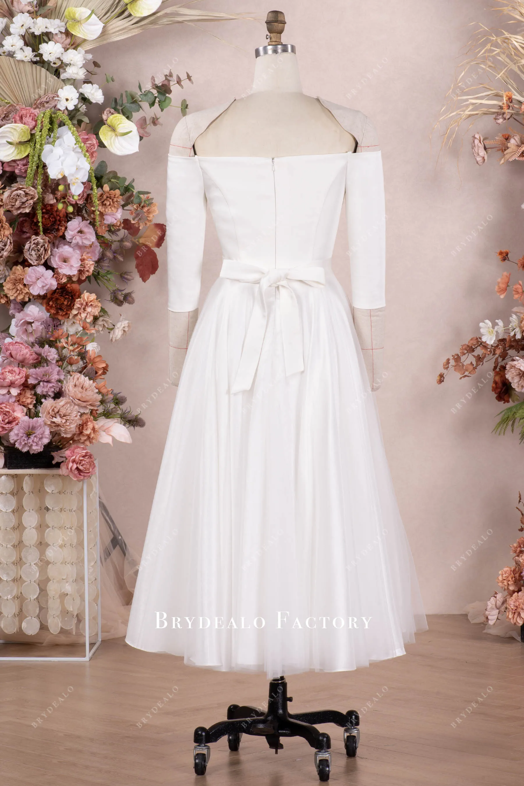 Elegant 3/4 Sleeve Tea-Length Wedding Dress With Tulle Overskirt