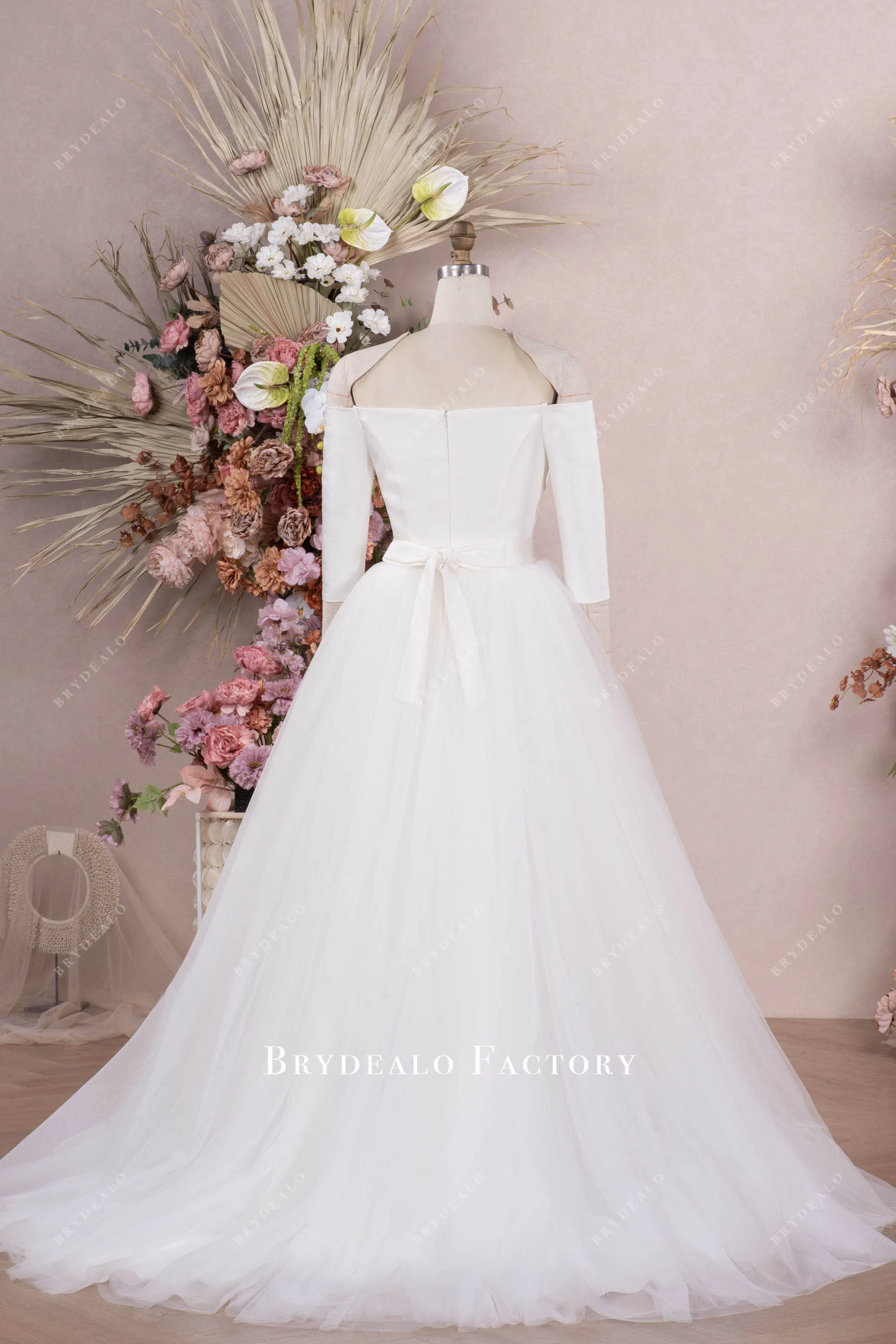 Elegant 3/4 Sleeve Tea-Length Wedding Dress With Tulle Overskirt