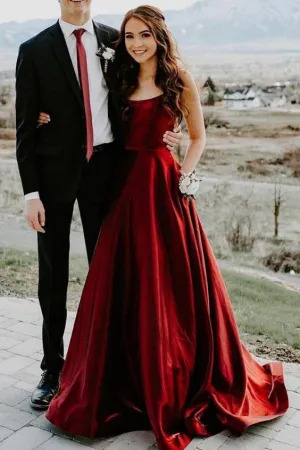 Elegant A-line Burgundy Prom Dress with Pockets