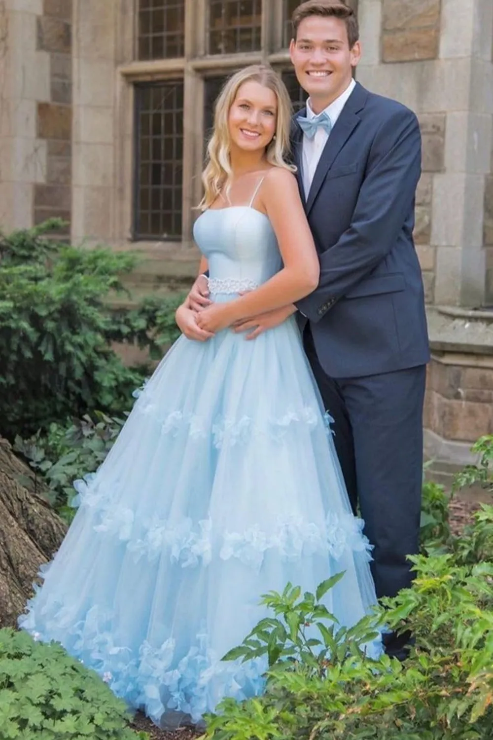 Elegant A Line Light Blue Long Prom Dresses, Ruffles Tulle Formal Evening Dresses