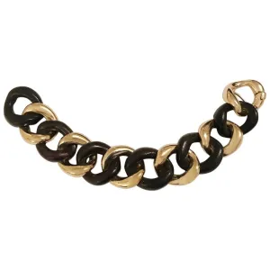 Elegant Alternating Yellow Gold and Ebony Wood Curved Link Bracelet