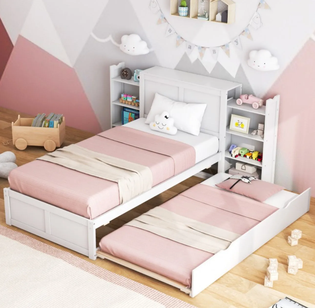 Elegant & Modern Very Comfortable Full Or Twin Kids, Children Wooden Platform Bed With Trundle Storage | Headboard | Bookshelf