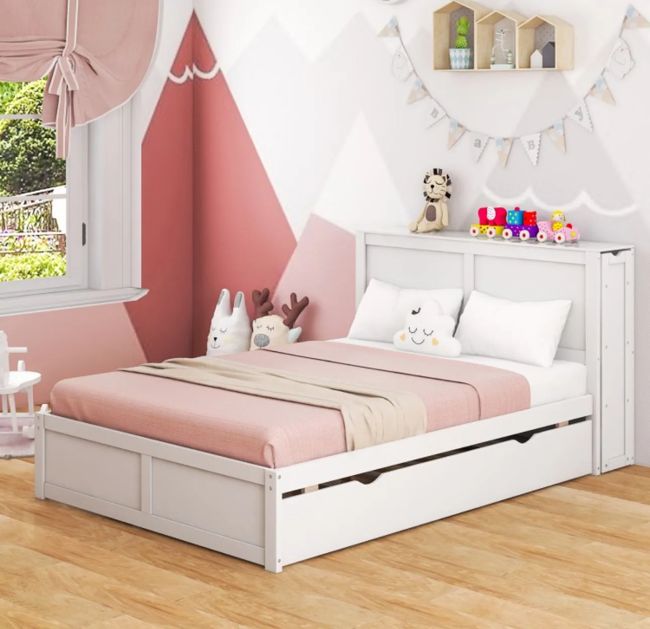 Elegant & Modern Very Comfortable Full Or Twin Kids, Children Wooden Platform Bed With Trundle Storage | Headboard | Bookshelf