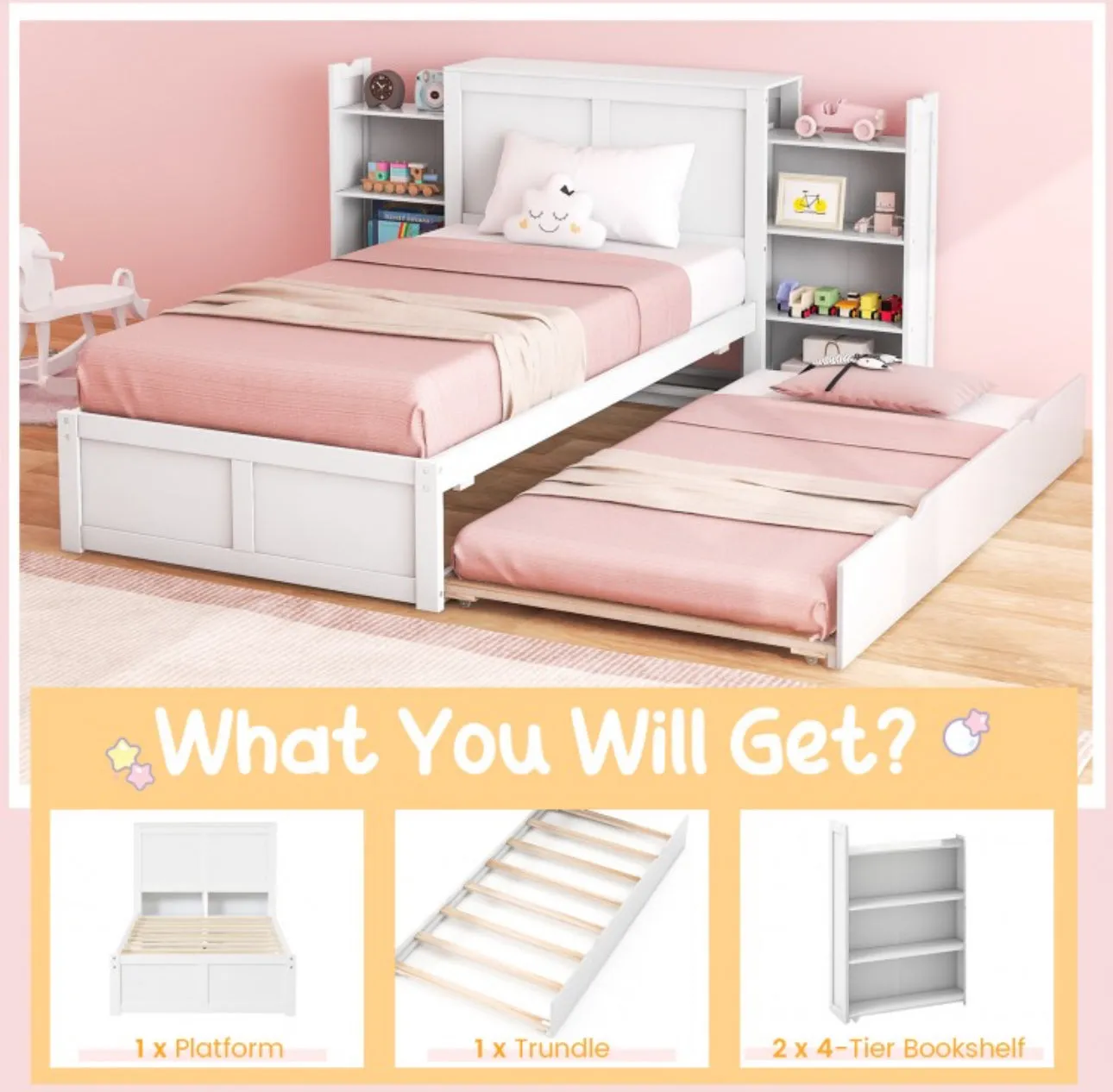 Elegant & Modern Very Comfortable Full Or Twin Kids, Children Wooden Platform Bed With Trundle Storage | Headboard | Bookshelf