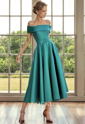 Elegant & Simple Off-Shoulder A-Line Satin Cocktail Mother of the Bride Dress