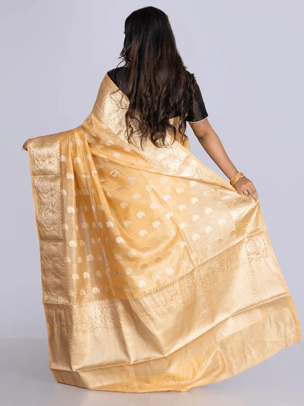 Elegant Arylide yellow Par Anchal Buti Linen Silk Saree