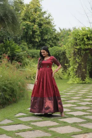 Elegant Banarasi Jacquard Silk Maroon Gown with Textured Weave