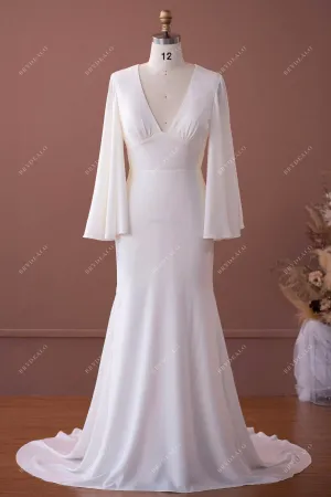 Elegant Bell Sleeve Stretch Satin Mermaid Wedding Dress