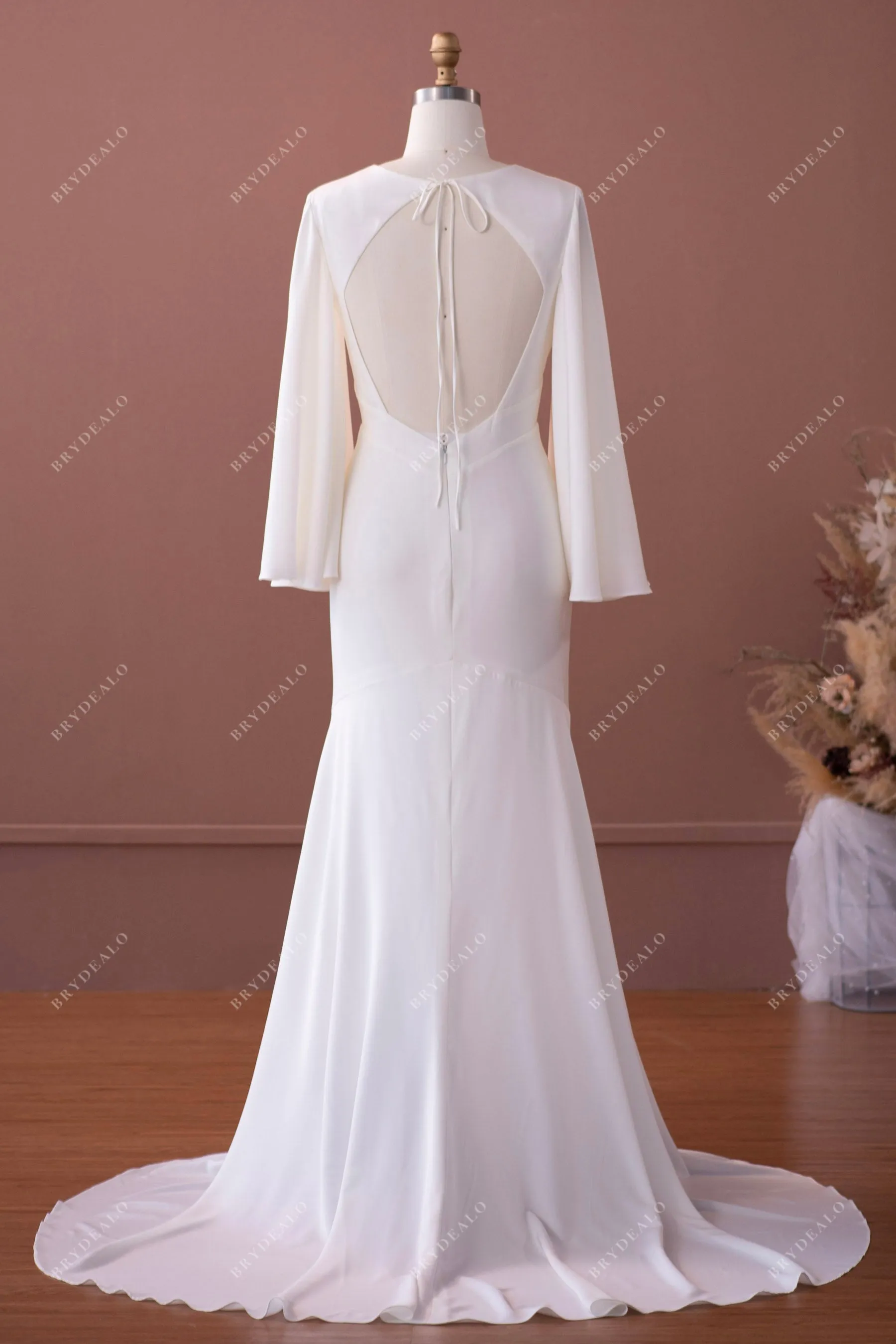 Elegant Bell Sleeve Stretch Satin Mermaid Wedding Dress