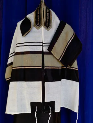 Elegant Black and Gold pattern White Wool Tallit