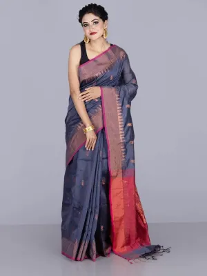 Elegant Black Gray Par Anchal Buti Handloom Saree