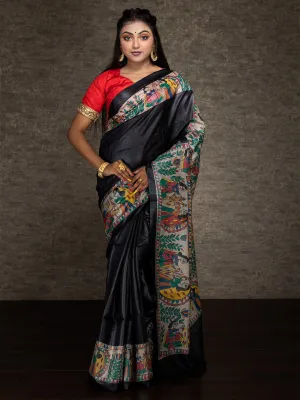 Elegant Black Hand Painted Madhubani Tussar Silk Saree