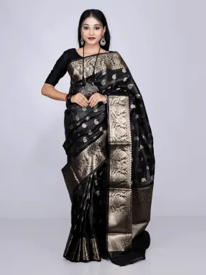 Elegant Black Par Anchal Buti Linen Silk Saree