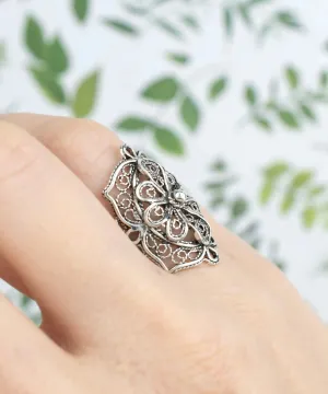 Elegant Blossom: Filigree Art Flower Women's Silver Statement Ring