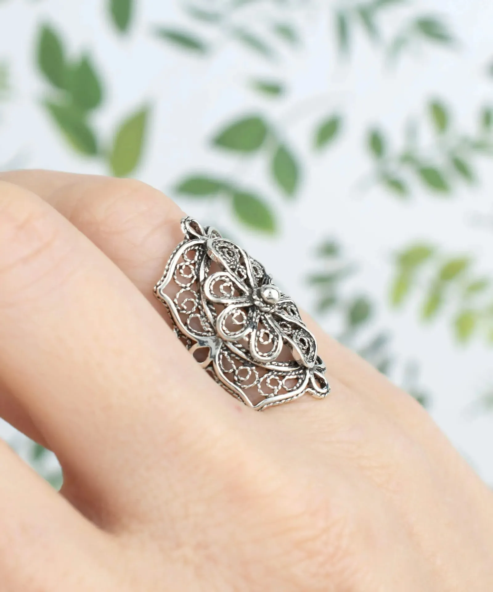 Elegant Blossom: Filigree Art Flower Women's Silver Statement Ring