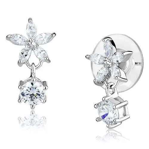 Elegant Blossom Rhodium Brass Earrings with Clear CZ Crystals, Shimmering Petals, High-Quality CZ