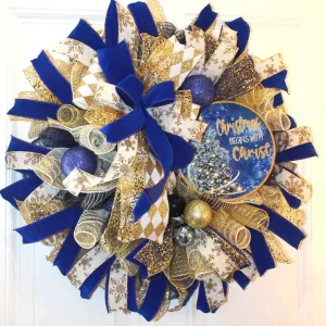 Elegant Blue and Gold Wreath Christmas Wreath