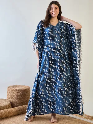 Elegant Blue Batik Cotton Kaftan with White Tassel Trim