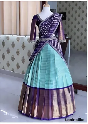 Elegant Blue Color Pure Banarasi Silk Half Saree Lehenga With Blouse