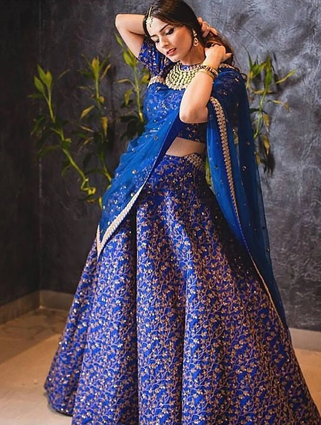 Elegant Blue Colored Designer Heavy Embroidered Raw Silk Lehenga